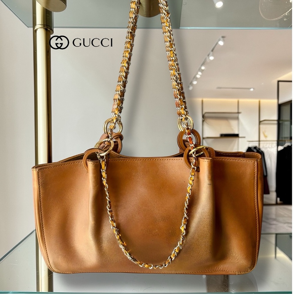 AUTHENTIC GUCCI VINTAGE CARMEL/TAN TOTE BAG W/POUCH-ADDED CHAINS-MADE IN ITALY - Picture 2 of 14
